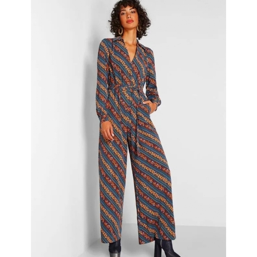 Modcloth Everything & More Green Retro Floral wide leg Jumpsuit L